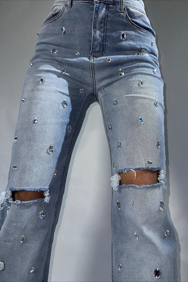 Jeans mit hoher Taille und Strass