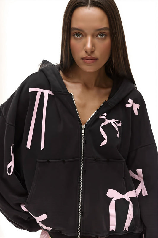 Strickjacke mit Reißverschluss, Druck und Schleifendetail