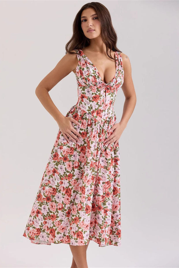 Kleid mit V-Ausschnitt und Blumenmuster in Rot