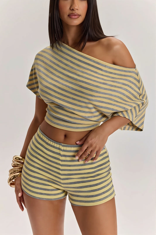 Schulterfreies Zweiteiliges Set mit hoher Taille und Streifenmuster