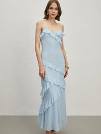 Alina - Langes Kleid mit Spaghettiträgern und Volants