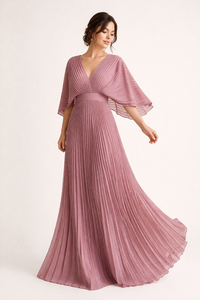 Langes plissiertes Damenkleid mit kurzen Ärmeln und elegantem V-Ausschnitt - Norevia