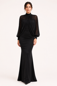 Elegantes zweiteiliges langes Damenkleid mit transparenten Ärmeln – Hellblau