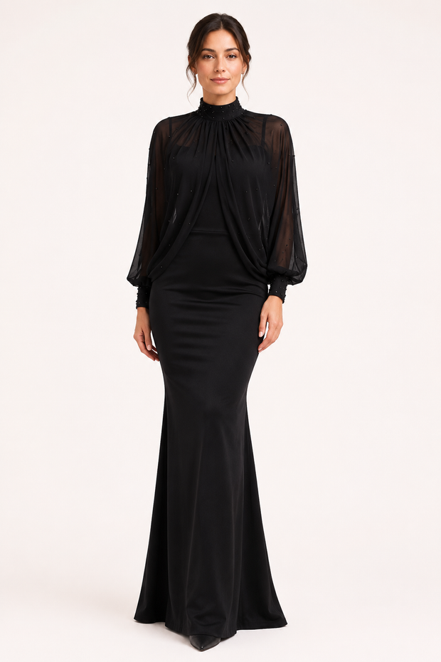 Elegantes zweiteiliges langes Damenkleid mit transparenten Ärmeln – Hellblau