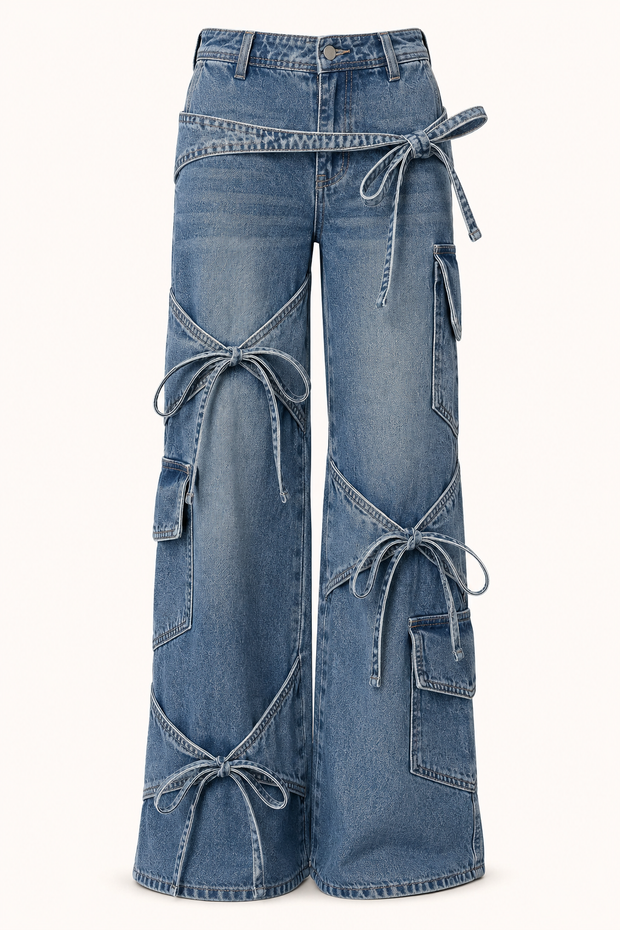 Cargo-Jeans für Damen mit weitem Bein und Bändern – Ida