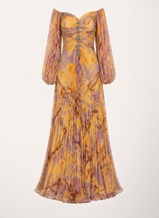 Langes elegantes Damenkleid mit plissiertem Schlitz - Lucia