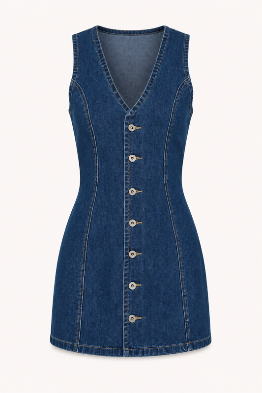 Kurzes Jeanskleid für Damen mit V-Ausschnitt und Knöpfen - Ilse
