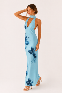 Damen langes Kleid Neckholder Ausschnitt tiefes Dekolleté elegant - Alessa