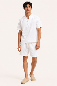 Herren-Set aus Leinen und Baumwolle mit Stehkragen und Shorts – Armin