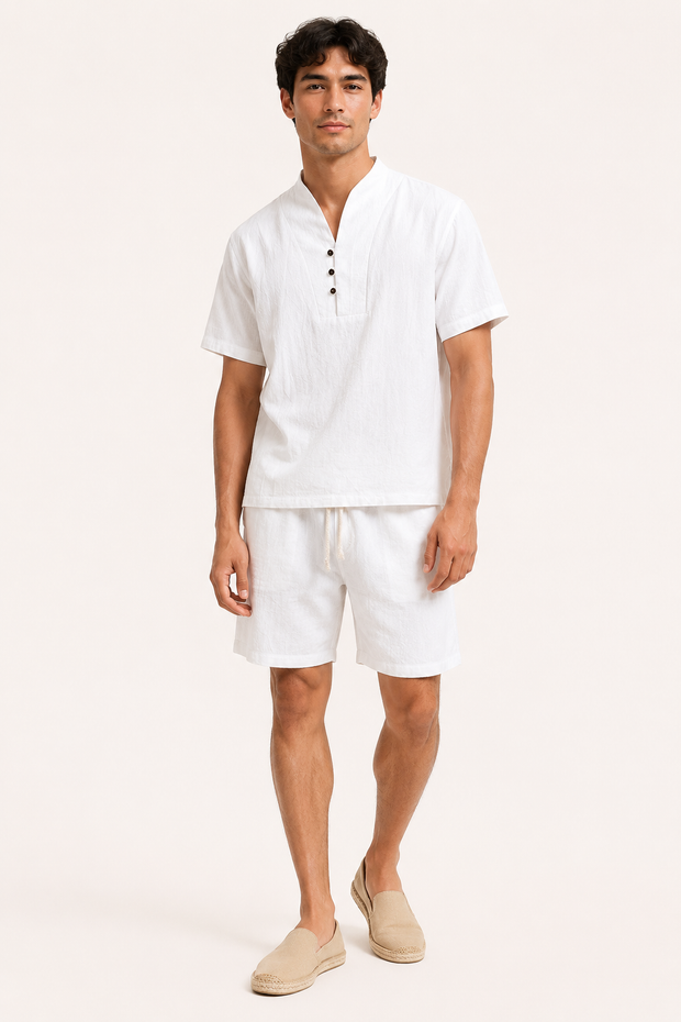 Herren-Set aus Leinen und Baumwolle mit Stehkragen und Shorts – Armin