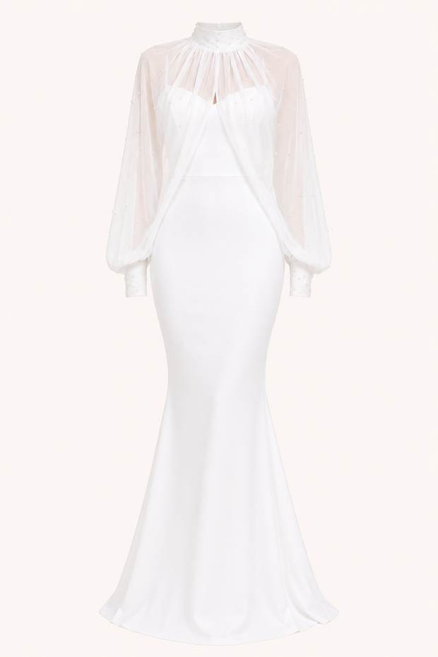 Elegantes zweiteiliges langes Damenkleid mit transparenten Ärmeln – Hellblau