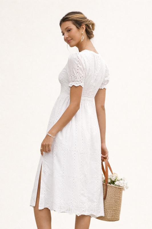 Besticktes Midikleid mit hoher Taille und V-Ausschnitt - Ferchna