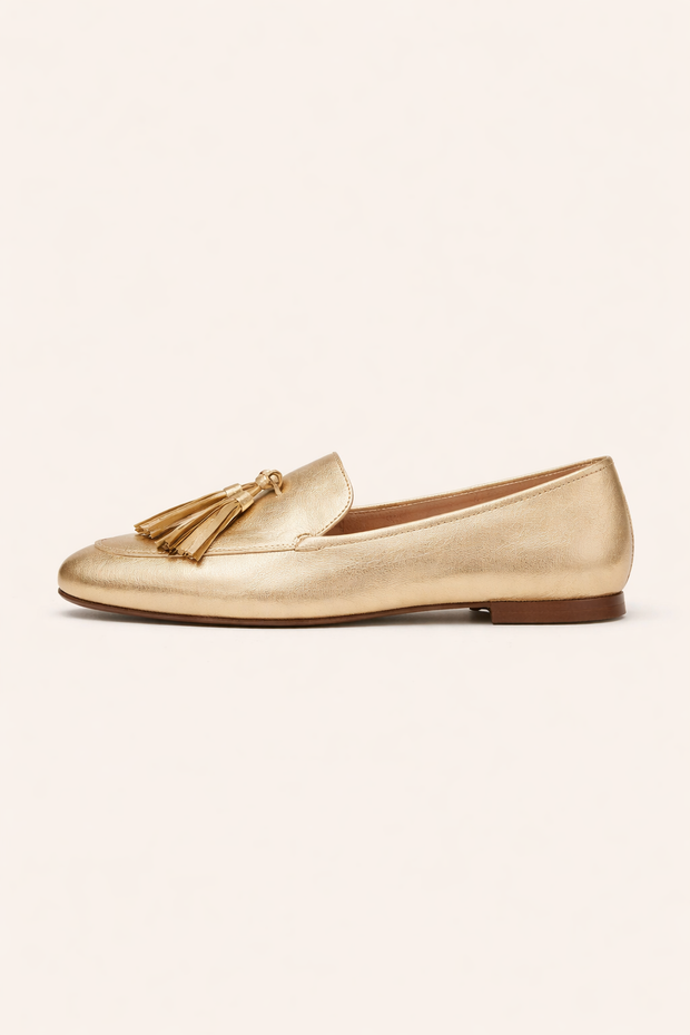 Flache Damen-Slipper mit Metallic-Leder-Effekt und Quasten - Trevia