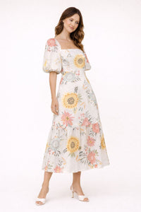 Damen-Midikleid mit Puffärmeln und Blumenmuster - Miry