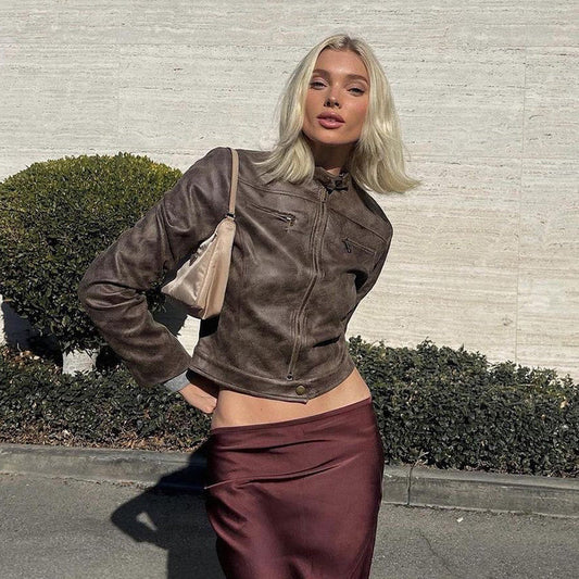 Kunstlederjacke im Vintage-Look mit Reißverschlusstaschen