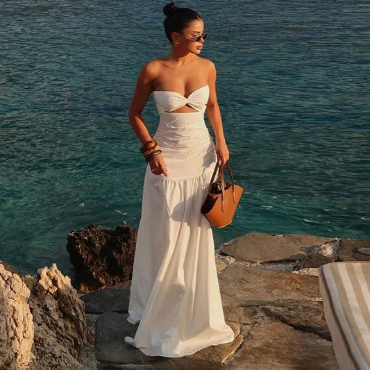 Trägerloses Maxikleid mit Farbblockmuster und Netzdetails