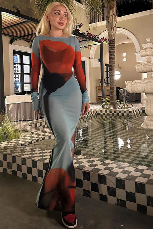 Maxikleid mit Rundhalsausschnitt, Schlitz und Blumenmuster