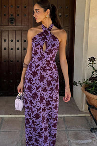 Rückenfreies Maxikleid mit Neckholder, Schlitz und Druck