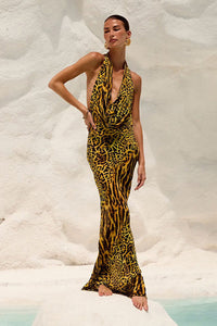 Figurbetontes Maxikleid mit Leopardenmuster in Gelb