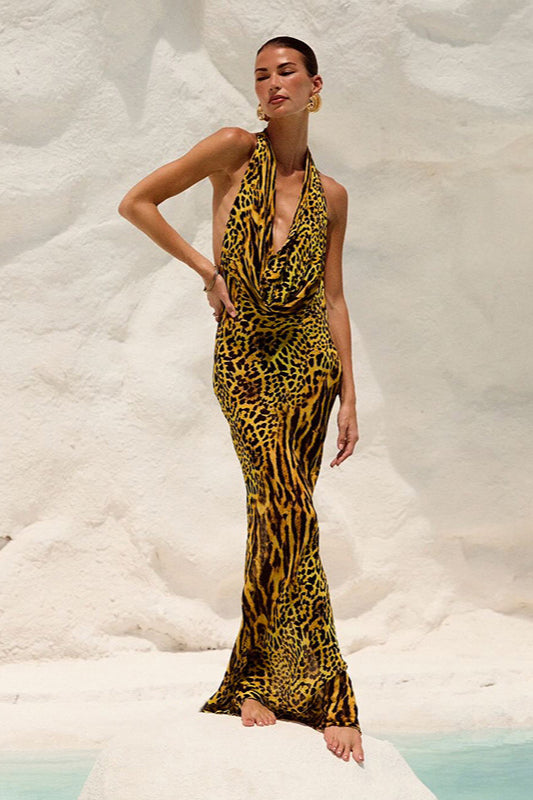 Figurbetontes Maxikleid mit Leopardenmuster in Gelb