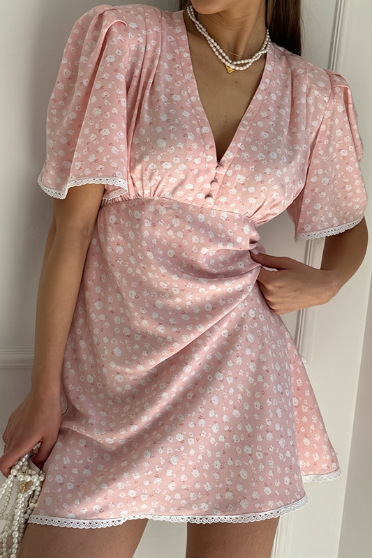 Minikleid mit V-Ausschnitt, A-Linie und Blumenmuster