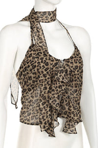 Top mit Neckholder, Leopardenmuster und Rüschen