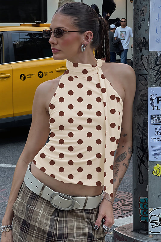 Tanktop mit Neckholder, Bindedetail und Punktemuster