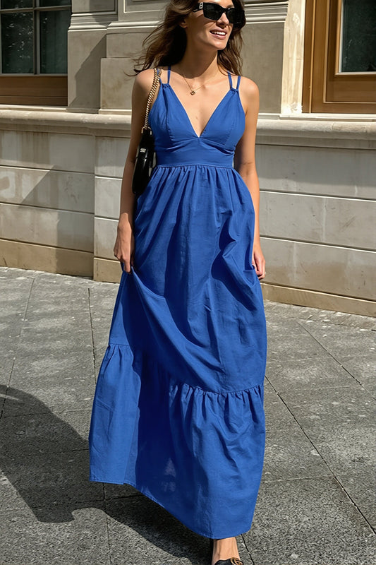 Maxikleid mit V-Ausschnitt in Blau