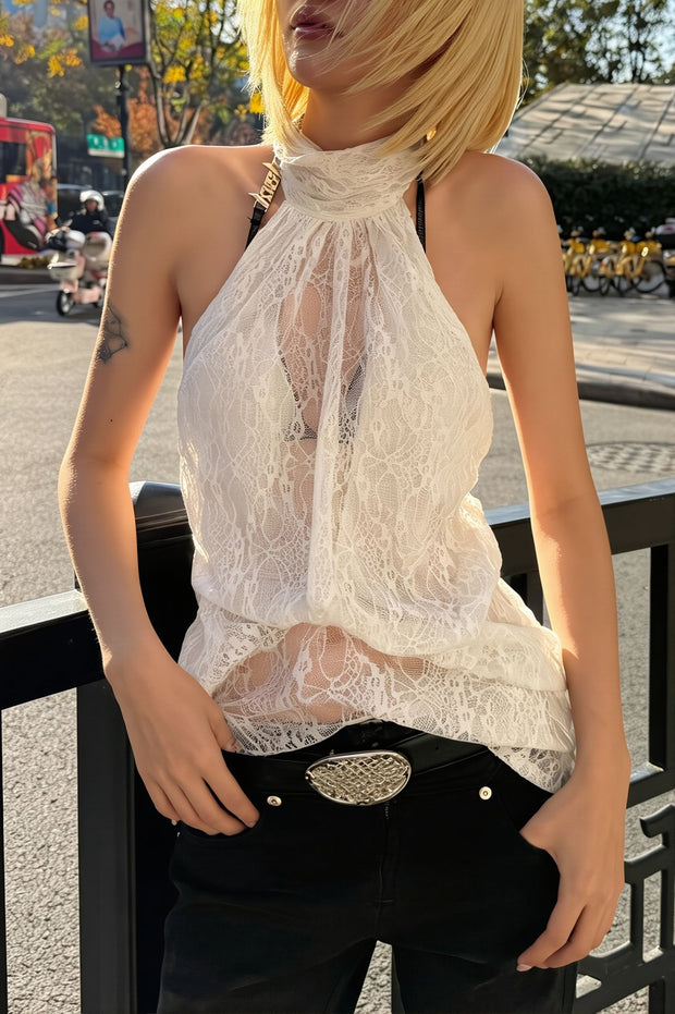 Asymmetrisches Top mit Neckholder, Spitze und Netzdetails