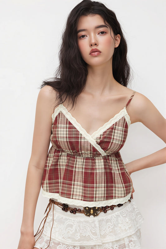 Tanktop mit Neckholder, Karomuster und Spitze