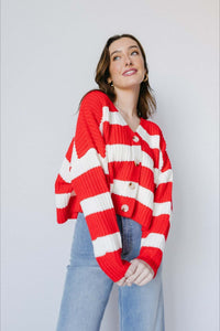 Locker geschnittene Strickjacke mit V-Ausschnitt, langen Ärmeln und Streifenmuster