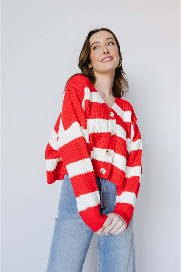 Locker geschnittene Strickjacke mit V-Ausschnitt, langen Ärmeln und Streifenmuster