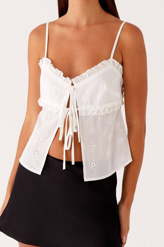 Damen Top mit Lochstickerei und Schnürung