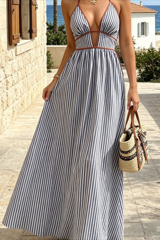 Rückenfreies Maxikleid mit Neckholder und Streifenmuster