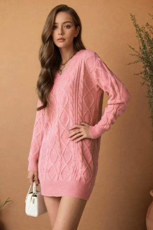 Minikleid mit V-Ausschnitt und Strickstruktur in Rosa