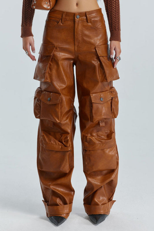 Locker geschnittene Hose mit Kunstleder