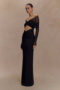 Schulterfreies Maxikleid mit Aussparungen, Patchwork und Netzdetails