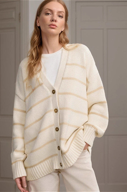 Strickjacke mit V-Ausschnitt, Streifenmuster und Strickstruktur