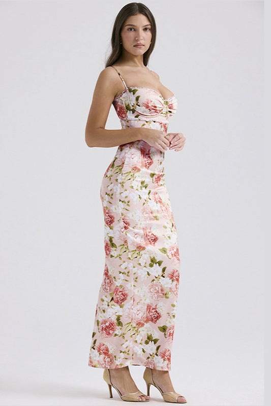 Maxikleid mit Schlitz, Blumenmuster und Spitze