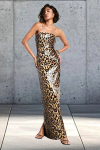 Trägerloses Maxikleid mit Leopardenmuster und Farbblockmuster