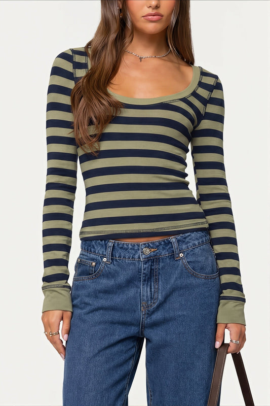 T-Shirt mit langen Ärmeln und Streifenmuster in Grün