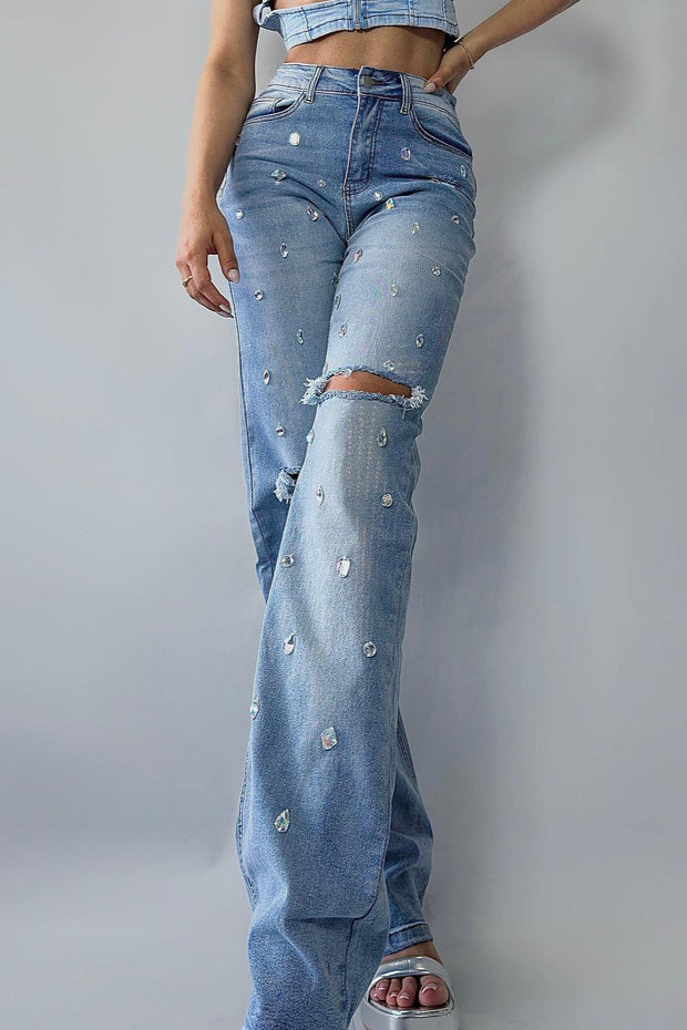 Jeans mit hoher Taille und Strass