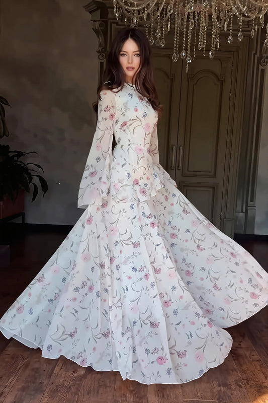 Maxikleid mit Rundhalsausschnitt, langen Ärmeln und Bindedetail