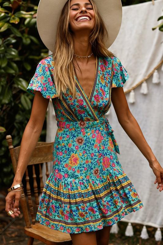 Minikleid mit V-Ausschnitt und Blumenmuster