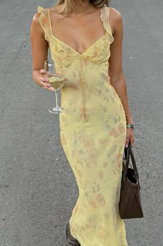 Maxikleid mit Blumenmuster und Rüschen