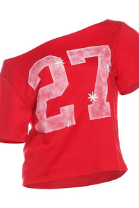 Schulterfreies T-Shirt mit kurzem Schnitt und Schriftprint