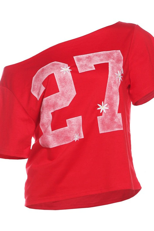 Schulterfreies T-Shirt mit kurzem Schnitt und Schriftprint