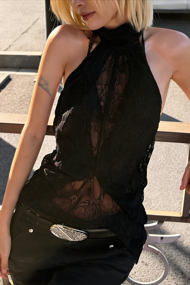 Asymmetrisches Top mit Neckholder, Spitze und Netzdetails