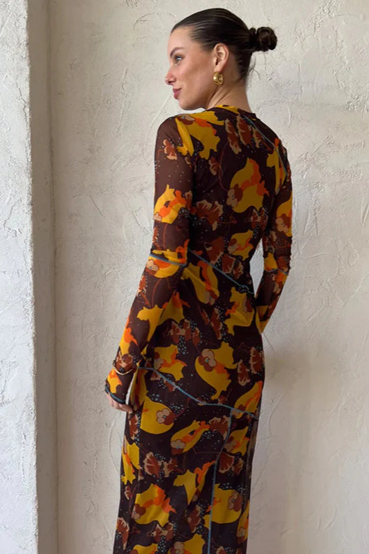 Maxikleid mit langen Ärmeln, Schlitz und Blumenmuster