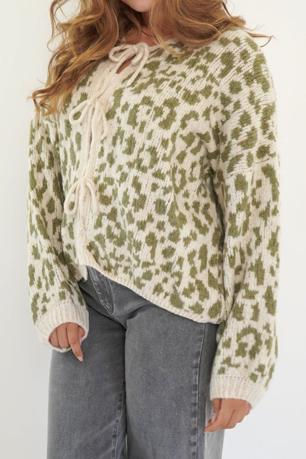 Strickjacke mit Bindedetail, Leopardenmuster und Strickstruktur